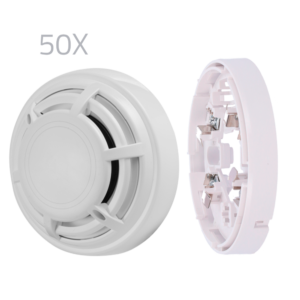 Kit 50 detectores térmicos y bases DMTech - Detector convencional termovelocimétrico - Certificado EN54 part 5 - Doble LED de alarma para su visualización desde cualquier lugar - Fabricado en material ABS con resistencia al calor - Base de perfil bajo