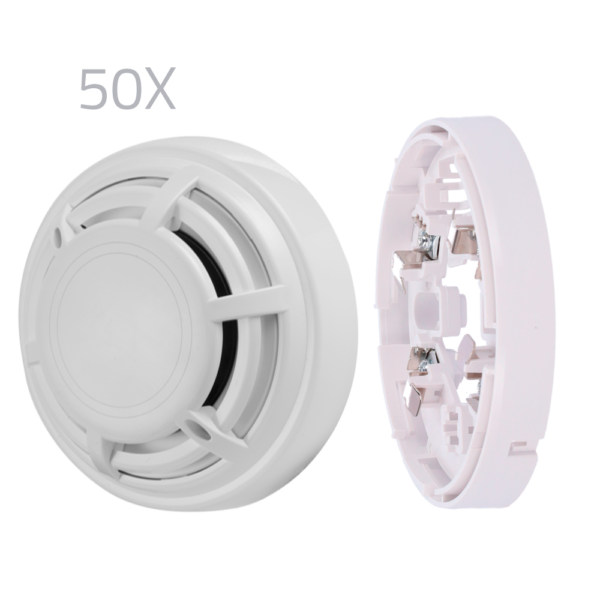 Kit 50 detectores térmicos y bases DMTech - Detector convencional termovelocimétrico - Certificado EN54 part 5 - Doble LED de alarma para su visualización desde cualquier lugar - Fabricado en material ABS con resistencia al calor - Base de perfil bajo