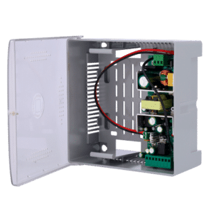 Alimentador para control de acceso - Configurable NO/NC - Salida DC 12.5-13.8V / 5A - Caja de plástico - Apto para batería auxiliar 12V / 7Ah - Montaje en superficie