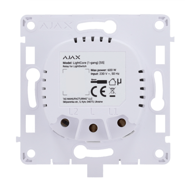 Relé para interruptor de luz inteligente simple - Inalámbrico 868 MHz Jeweller - Alcance de comunicación hasta 1100 m - Alimentación 230 V AC 50 Hz - Sin necesidad de cable neutro - Ajax - LightSwitch LightCore (1 Gang)