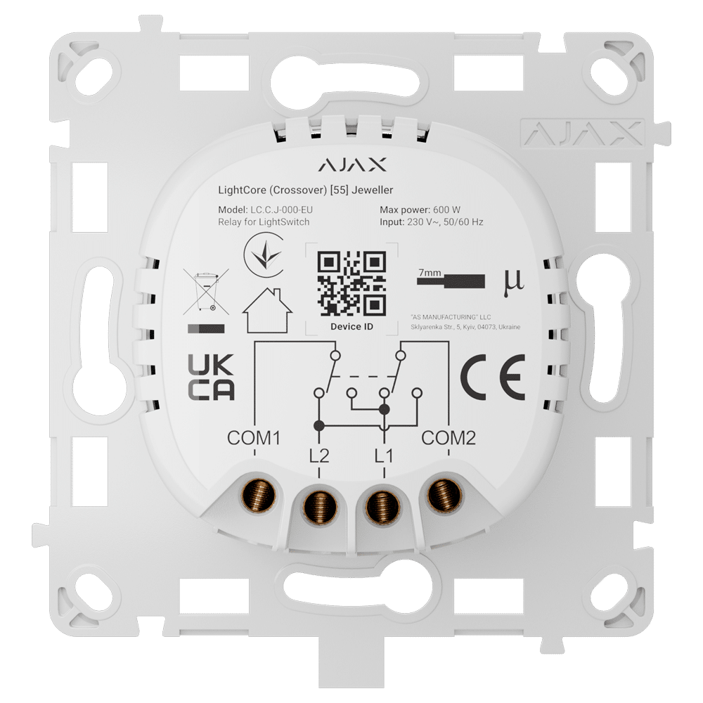 Relé para interruptor de luz de cruce - Inalámbrico 868 MHz Jeweller - Alcance de comunicación hasta 1100 m - Alimentación 230 V AC 50 Hz - Sin necesidad de cable neutro - Ajax - LightSwitch LightCore (Crossover)