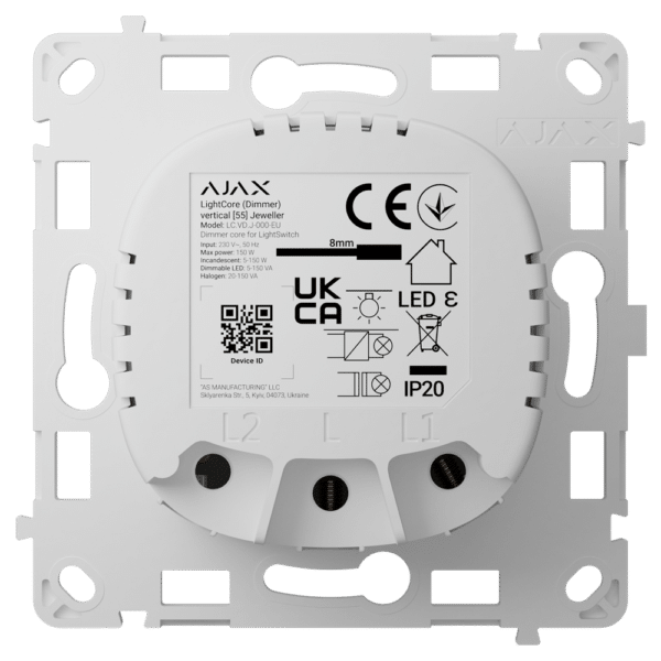 Relé interruptor de luz inteligente regulable - Inalámbrico 868 MHz Jeweller - Alcance de comunicación hasta 900 m - Alimentación 230 V AC 50 Hz - Sin necesidad de cable neutro - Ajax - LightSwitch LightCore (Dimmer) Vertical
