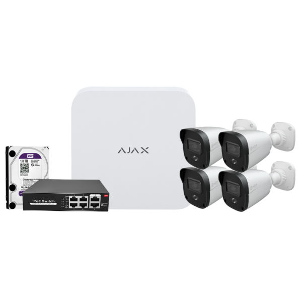 Kit de videovigilancia Ajax - Grabador Ajax de 8 canales   - 4 cámaras bullet de 4 Mpx Safire Smart DualLight - Switch PoE de 4 canales - Un disco duro de 1 TB - Integración por ONVIF