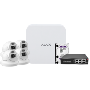 Kit de videovigilancia Ajax - Grabador Ajax de 8 canales   - 4 cámaras turret de 4 Mpx Safire Smart DualLight - Switch PoE de 4 canales - Un disco duro de 1 TB - Integración por ONVIF