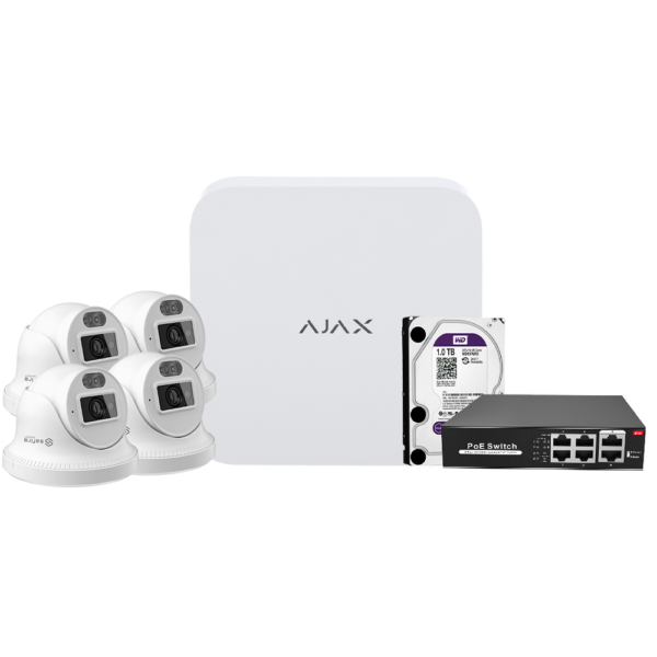 Kit de videovigilancia Ajax - Grabador Ajax de 8 canales   - 4 cámaras turret de 4 Mpx Safire Smart DualLight - Switch PoE de 4 canales - Un disco duro de 1 TB - Integración por ONVIF