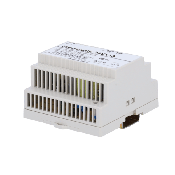 Fuente de alimentación  - Salida DC 24 V 1.5 A / 36 W - Voltaje entrada AC 100V ~ 240V 50Hz-60Hz -  97 (Fo) x 55 (Al) x 88 (An) mm - Montaje en carril DIN - Protección: Sobrecarga/Sobrevoltaje/Cortocircuito