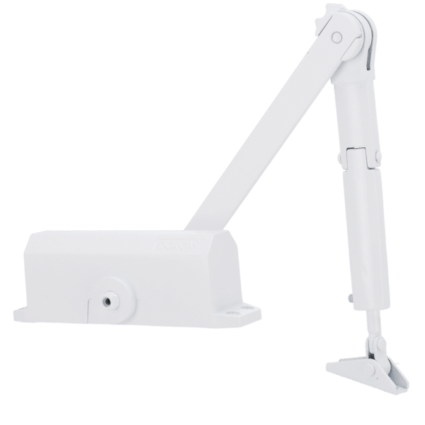 Cierrapuertas de brazo articulado - Instalación de superficie y reversible - Apertura con fuerza reducida - Puertas entre 25~85 kg y 850~1100 mm - Velocidad ajustable - Apto para todo tipo de puertas