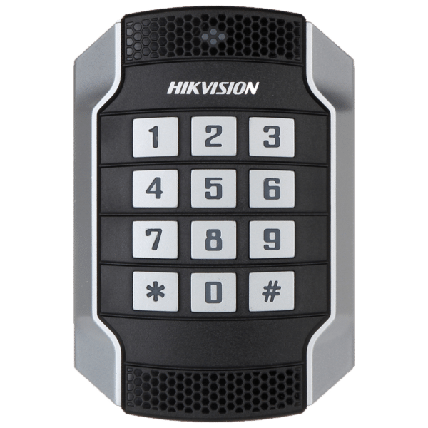 Lector de acceso - Acceso por tarjeta MF y PIN - Indicador LED y acústico - Wiegand 26/34 | RS485 - Compatible con controladoras Hikvision - Apto para exterior IP65 | IK10