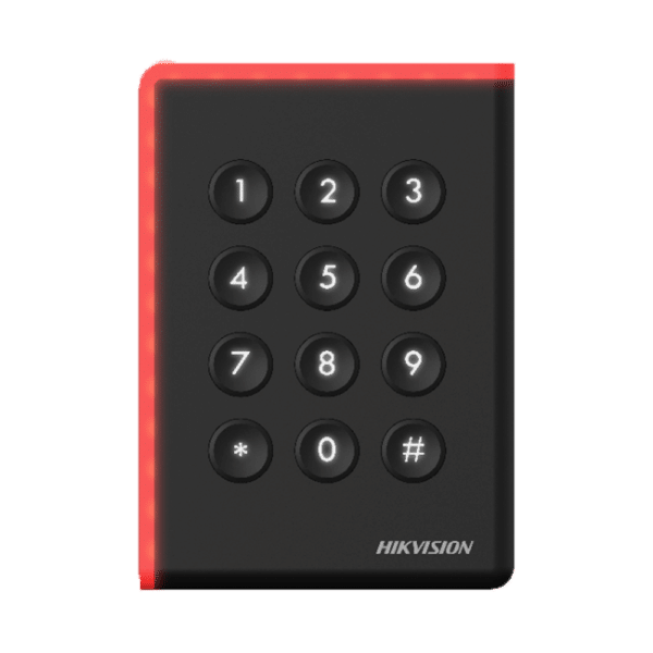 Lector de acceso - Acceso por tarjeta MF DESFire y PIN - Indicador LED y acústico - Wiegand 26/34 | RS485 - Compatible con controladoras Hikvision - Apto para exterior IP65