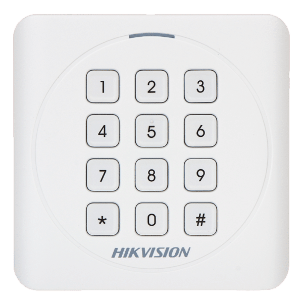 Lector de acceso - Acceso por tarjeta MF y PIN - Indicador LED y acústico - Wiegand 26/34 - Compatible con controladoras Hikvision - Apto para exterior IP65