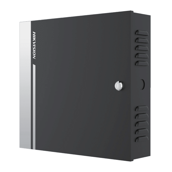 Controladora de acceso RFID - Acceso por tarjeta o contraseña - 4 puertas | Comunicación TCP/IP - 4 lectores por Wiegand | 8 lectores por RS485 - Caja con alimentación | Hueco para batería - Software iVMS-4200