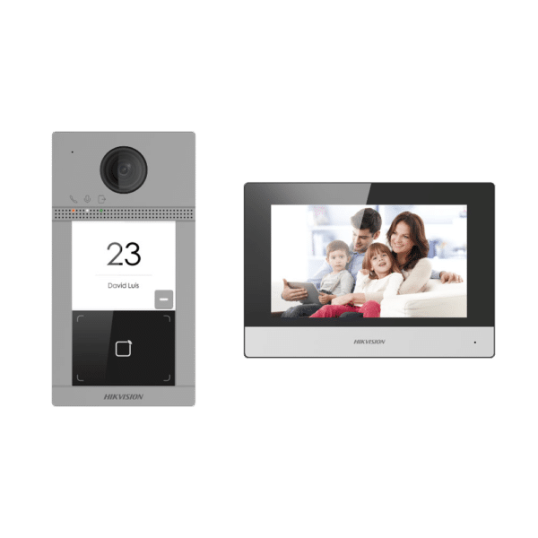 Kit de videoportero con dos relés - Tecnología IP & WiFi - Placa y monitor | Permite 16 monitores más - Lector MF | PoE - App móvil con P2P | Relés internos en monitor - Montaje sobre superficie | IP65