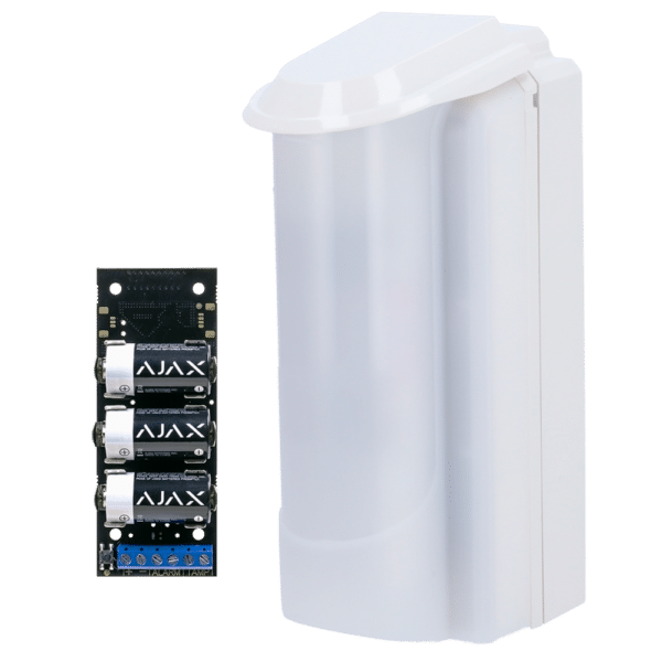 Detector exterior Duevi bajo consumo - Compatible con Ajax Transmitter (incluido) - Doble PIR y microondas (24 GHz) - Detección 15 m / Antimasking / Inmune a mascotas - Alimentación suministrada por Transmitter - Uso exterior IP54 / Antivandálico IK10