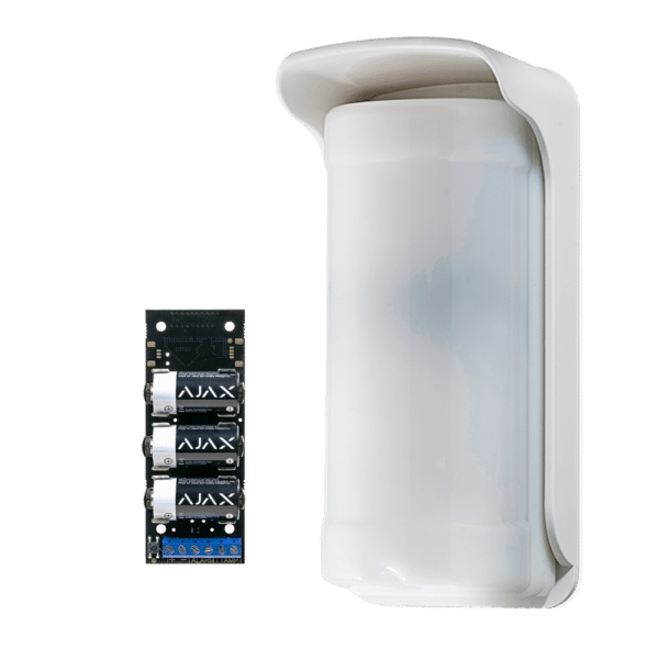 Detector exterior Duevi bajo consumo - Integrado con Ajax Transmitter (incorporado) - Doble PIR por cada lado y doble PIR frontal - Cobertura total 180º / Antimasking - Alimentación suministrada por Transmitter - Uso exterior IP54 / Antivandálico IK10