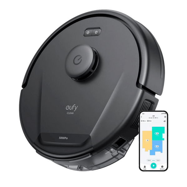 Robot aspirador y trapeador Eufy by Anker - Potencia máxima de 5000 Pa - Capacidad depósito Polvo 350 ml y agua 280 ml - Tecnología BoostIQ™️ / Navegación láser iPath - Mapas Varios Pisos - Compatible con Amazon Alexa y asistente Google