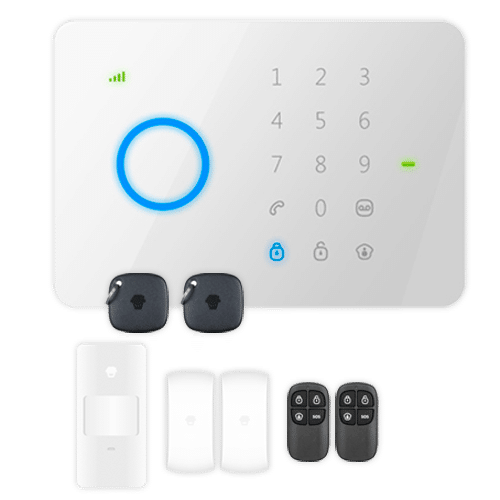 Kit de alarma doméstica - Panel táctil con módulo GSM - Envío de alertas por SMS y llamada - Detector PIR volumétrico - 2 Contactos magnéticos puerta/ventana - Incluye 2 mandos y 2 tarjetas RFID