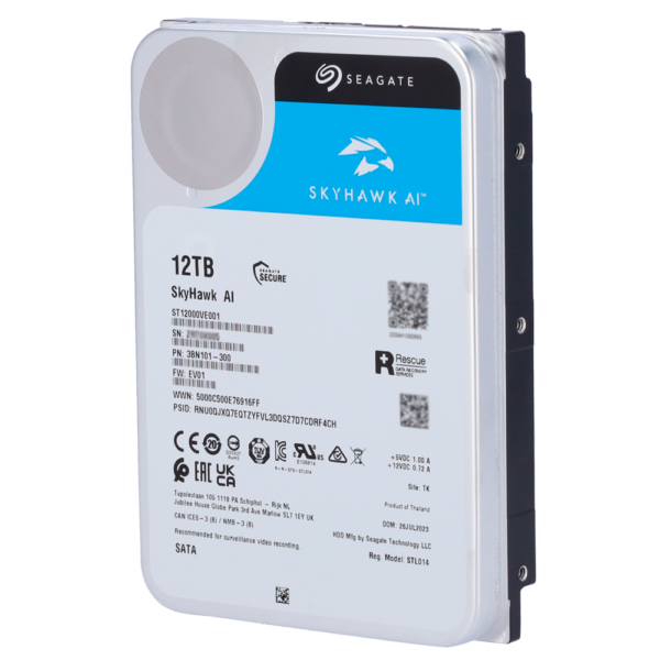 Disco duro Seagate Skyhawk AI - Capacidad 12 TB - Interfaz SATA 6 Gb/s - Hasta 32 transmisiones de inteligencia artificial - Modelo ST12000VE001 - Especial para Videograbadores de red (NVR)