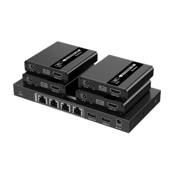 Splitter-Extensor HDMI1x4 - 1 transmisor / 4 receptores - Resolución hasta 4K@30Hz - Alcance hasta 70m - Sobre cable UTP CAT6/6A/7 - Control RS232