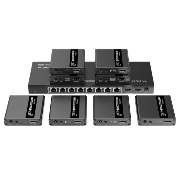 Splitter-Extensor HDMI1x8 - 1 transmisor / 8 receptores - Resolución hasta 4K@30Hz - Alcance hasta 70m - Sobre cable UTP CAT6/6A/7 - Control RS232