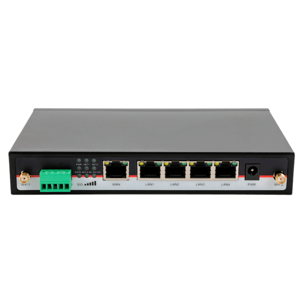 Hongdian Router 5G SA/NSA Industrial - 2 x 4G módulos LTE CAT 6 - Doble Módem Dual SIM - Puertos RS232/RS485 - Wi-Fi 802.11b/g/n/ac 2.4GHz-5GHz - 5 puertos Ethernet RJ45 Gigabit