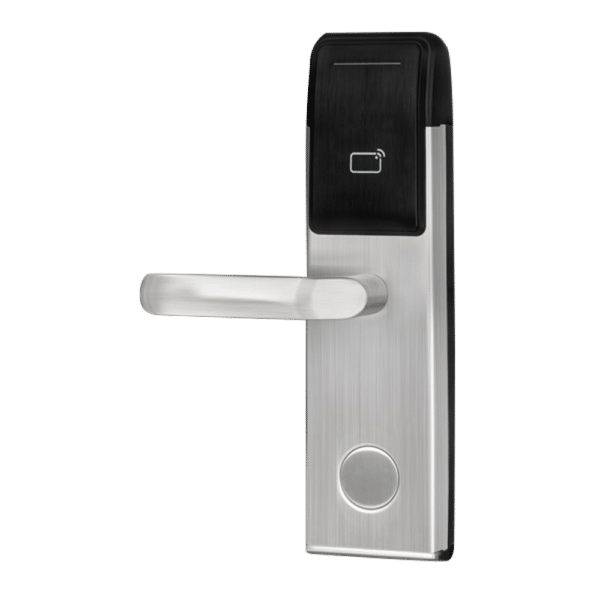 Cerradura de hotel - Apertura por tarjeta MF  - Backset 60 mm | Apertura izquierda - Autónoma a batería 4 x AA - Bombín de emergencia - Gestión con software Hotel Lock System