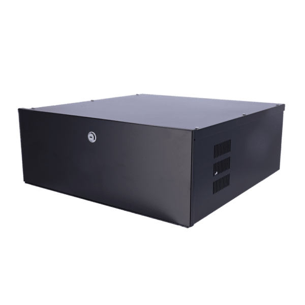 Caja metálica cerrada para DVR - Específico para CCTV - Para grabadores de hasta 4U rack - Cerradura de leva - Ventilador incluido - Calidad y resistencia