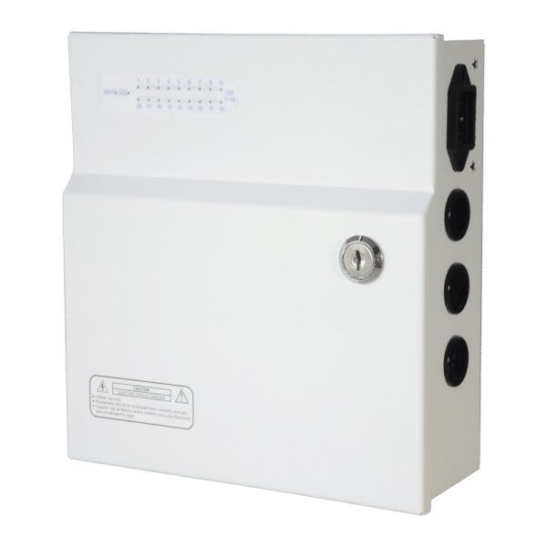 Caja de distribución de alimentación - 1 entrada AC 110 V ~ 220 V - 18 salidas por par de cobre - Protección por fusible PTC rearmable - Voltaje de salida 12 V / 250 W - Función UPS (SAI)