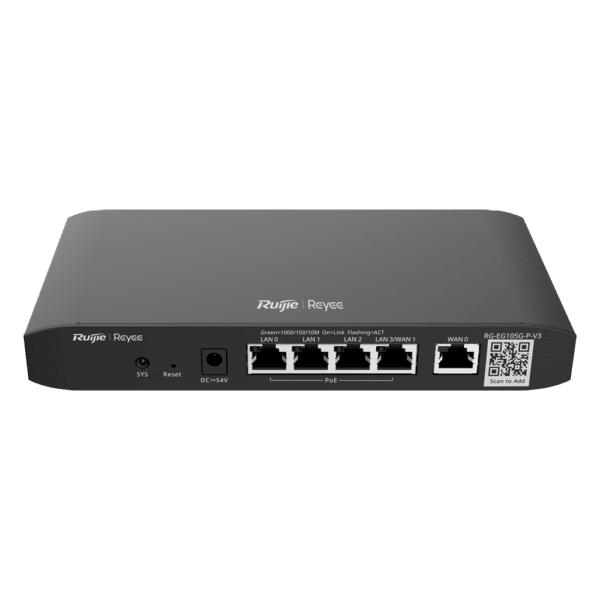 Reyee Router PoE Controlador Cloud - 4 Puertos PoE+ RJ45 GE + 2 Puertos RJ45 GE - 5 Puertos RJ45 10/100 /1000 Mbps - Admite hasta 2 WAN para failover o balanceo - Hasta 600 Mbps de ancho de banda - Servidor VPN IPSec