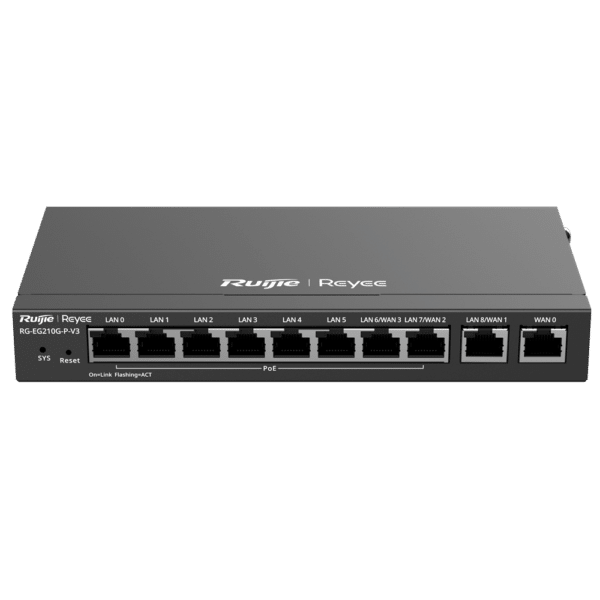 Reyee Router PoE Controlador Cloud - 8 Puertos PoE+ RJ45 GE + 2 Puertos RJ45 GE - 10 Puertos RJ45 10/100 /1000 Mbps - Admite hasta 4 WAN para failover o balanceo - Hasta 600 Mbps de ancho de banda - Servidor VPN IPSec