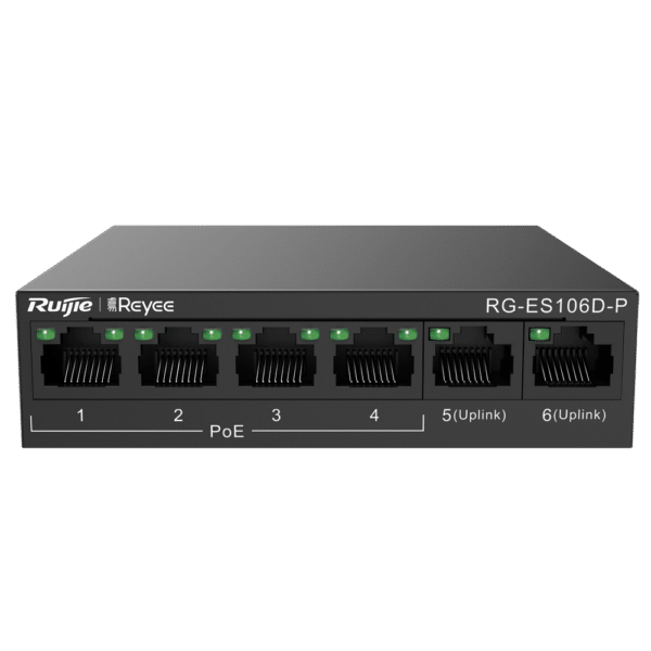 Reyee Switch PoE Sobremesa - Carcasa Metal - 6 puertos RJ45 10/100 Mbps - 4 Puertos PoE+ 802.3af/at + 2 Puertos Uplink - Plug and Play - Tecnología ahorro de energía