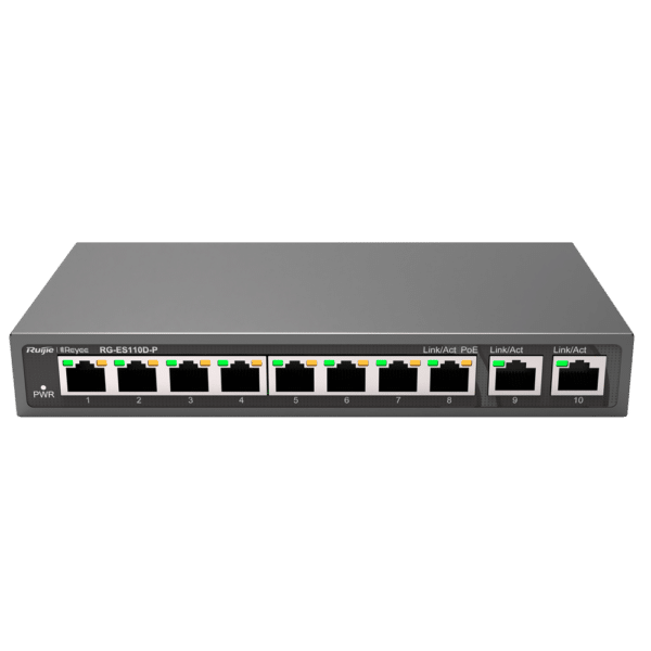 Reyee Switch PoE Sobremesa - Carcasa Metal - 8 puertos RJ45 10/100 Mbps + 2 Uplink Gigabit - 8 Puertos PoE+ 802.3af/at | Potencia total 110W - Plug and Play - Tecnología ahorro de energía