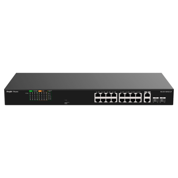 Reyee Switch PoE Sobremesa - Carcasa Metal - Enracable - 16 Puertos RJ45 10/100 Mbps + 2 Uplink Gigabit - 16 Puertos PoE+ 802.3af/at | Potencia total 120W - Plug and Play - Tecnología ahorro de energía