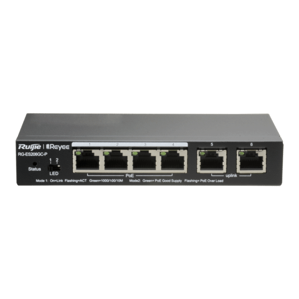 Reyee Switch PoE Cloud - 4 Puertos PoE Gigabit + 2 Uplink Gigabit Rj45 - Velocidad de puertos 10/100/1000 Mbps - 30W por puerto 802.3af/at  / Máximo 54W - VLAN/Port Isolation/Loop Detection - Port Speed Limit