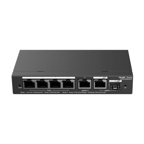 Reyee Switch PoE Cloud - 4 Puertos PoE + 2 Puertos  Rj45 + 1 SFP Combo - Velocidad de puertos 10/100/1000 Mbps - 30W por puerto 802.3af/at  / Máximo 54W - VLAN/Port Isolation/Loop Detection - Port Speed Limit