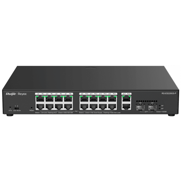 Reyee Switch PoE Cloud Gestionable - 16 PoE 802.3af/at + 2 SFP + 2 uplink RJ45 - 18 RJ45 10/100/1000Mbps + 2 SFP 10/100/1000 - 30W por puerto 802.3af/at / Máximo 250W - VLAN/Port Isolation/Loop Detection - Port Speed Limit