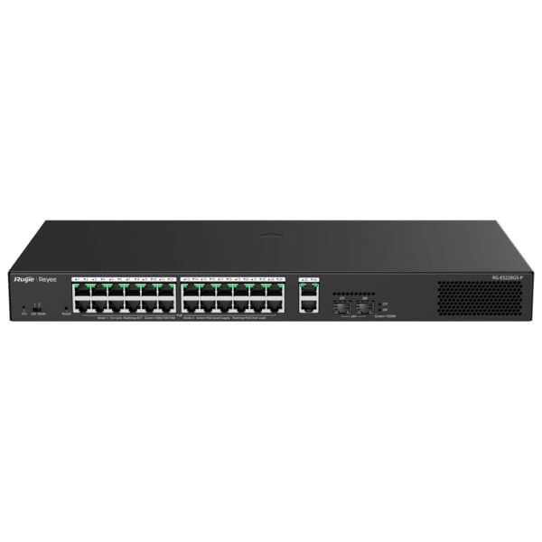 Reyee Switch PoE Cloud Gestionable - 24 PoE 802.3af/at + 2 SFP + 2 uplink RJ45 - 26 RJ45 10/100/1000Mbps + 2 SFP 10/100/1000 - 30W por puerto 802.3af/at / Máximo 370W - VLAN/Port Isolation/Loop Detection - Port Speed Limit