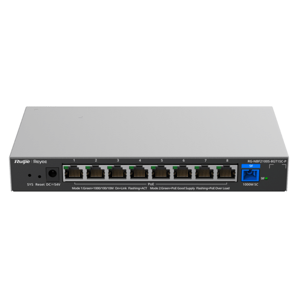 Reyee E-Lighten Switch PoE Cloud Capa 2 - 8 puertos RJ45 Gigabit  802.3af/at - 1 Puerto óptico SC 1G (PON) - 30W por puerto 802.3af/at / Máximo 120W - VLAN/Port Isolation/Loop Prevention - DHCP Snooping/Port Mirroring