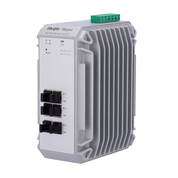 Reyee Switch Industrial PoE Cloud Capa 2 - 4 puertos PoE+ Gigabit + 2 puertos SFP Gigabit - 30W por puerto 802.3af/at / Máximo 120W - Static LAG/DHCP Snoop/IGMP Snoop/Port Mirror - VLAN/Loop Prevention/STP/RSTP/ACL/Watchdog - Montaje en carril DIN