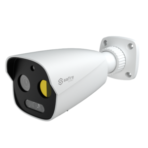 Cámara térmica Dual Bullet IP Safire Smart - Sensor térmico 256x192 VOx | Lente 3.2 mm - Sensor óptico 1/2.7” 5 Mpx | Lente 4 mm - Sensibilidad térmica ≤ 50mK - AI basado en clasificación de humano y vehículo - Rango medición temp -20~150ºC / ± 8ºC