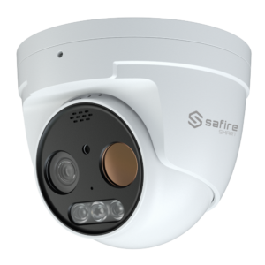 Cámara térmica Dual Turret IP Safire Smart - Sensor térmico 256x192 VOx | Lente 3.2 mm - Sensor óptico 1/2.7” 5 Mpx | Lente 4 mm - Sensibilidad térmica ≤ 50mK - AI basado en clasificación de humano y vehículo - Rango medición temp -20~150ºC / ± 8ºC