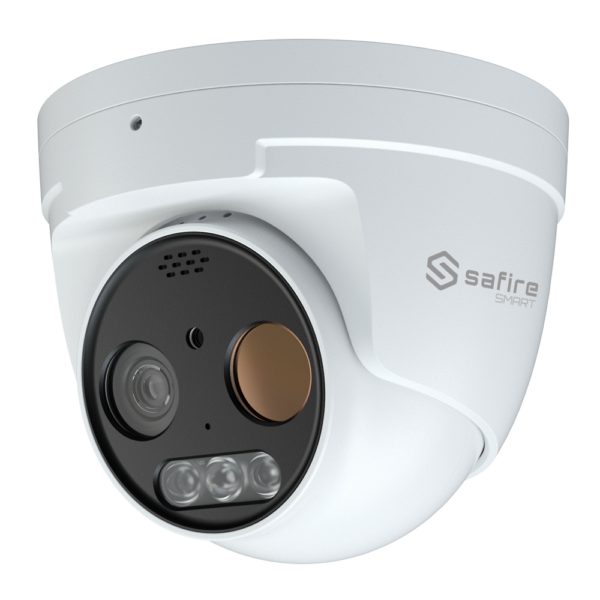 Cámara térmica Dual IP Turret Safire Smart - Sensor térmico 256x192 VOx | Lente 7 mm - Sensor óptico 1/2.7” 5 Mpx | Lente 8 mm - Sensibilidad térmica ≤ 50mK - AI basado en clasificación de humano y vehículo - Rango medición temp -20~150ºC / ± 8ºC