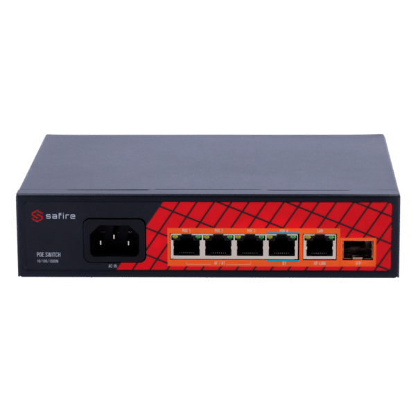 Safire Switch Hi-PoE - 4 puertos PoE + 1 Uplink RJ45 + 1 Uplink SFP - Velocidad de puertos Gigabit 10/100/1000Mbps - 3 Puertos PoE+ 30W + 1 Puerto Hi-PoE 60W - PoE Watchdog - Hasta 65W Potencia PoE total