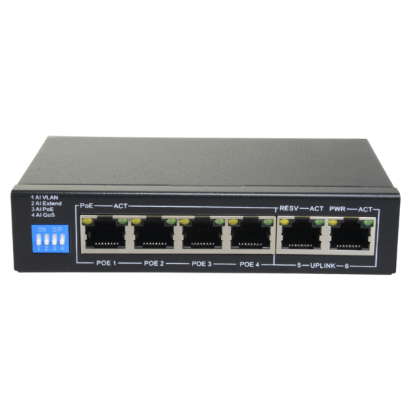 Switch PoE - 4 puertos PoE + 2 Uplink RJ45 - Velocidad hasta 100 Mbps en todos los puertos - Hasta 60W en total para todos los puertos - Ancho de banda 1.2 Gbps - Norma IEEE802.3af (PoE) / at (PoE+)