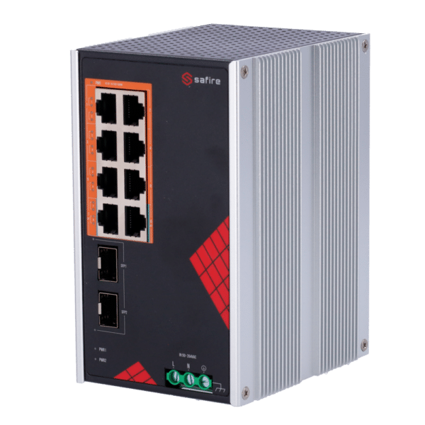 Safire Switch Industrial Alimentación AC y DC - 8 puertos Gigabit + 2 SFP Gigabit - 6 Puertos PoE+ 30W + 2 Puertos Hi-PoE 60W - PoE Watchdog - Hasta 130W Potencia PoE total - Instalación carril DIN