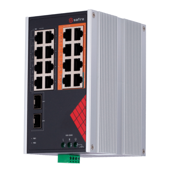 Safire Switch Industrial Alimentación AC y DC - 16 puertos Gigabit + 2 SFP Gigabit - 6 Puertos PoE+ 30W + 2 Puertos Hi-PoE 60W - PoE Watchdog - Hasta 130W Potencia PoE total - Instalación carril DIN