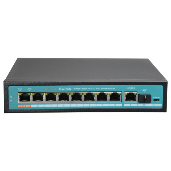 Switch PoE - 8 puertos PoE + 1 Uplink + 1 SFP GIGA - Velocidad de puertos 10/100/1000 Mbps - 65W puerto 1 / 30W puerto 2-8 / Máximo 120W - Modo HD que optimiza la trasmisión de CCTV - Hi-PoE / IEEE802.3at (PoE+) / af (PoE)