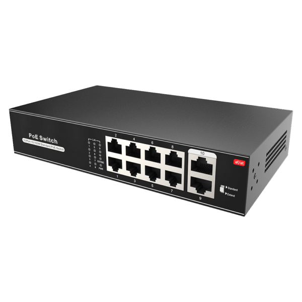 Switch PoE - 8 puertos PoE + 2 Uplink RJ45 - Velocidad 10/100 Mbps - Funciones: Ai VLan/QOS/CCTV Extend/PoE - Norma IEEE802.3af (PoE) / at (PoE+) - Hasta 100W en total para todos los puertos