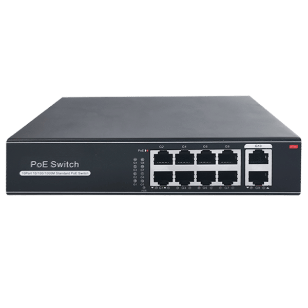 Switch PoE - 8 puertos RJ45 + 2 RJ45 Uplink - Velocidad de puertos 10/100/1000 Mbps - 8 Puertos PoE 802.3af/at hasta 30W por puerto - Potencia PoE total 120W - Plug and Play