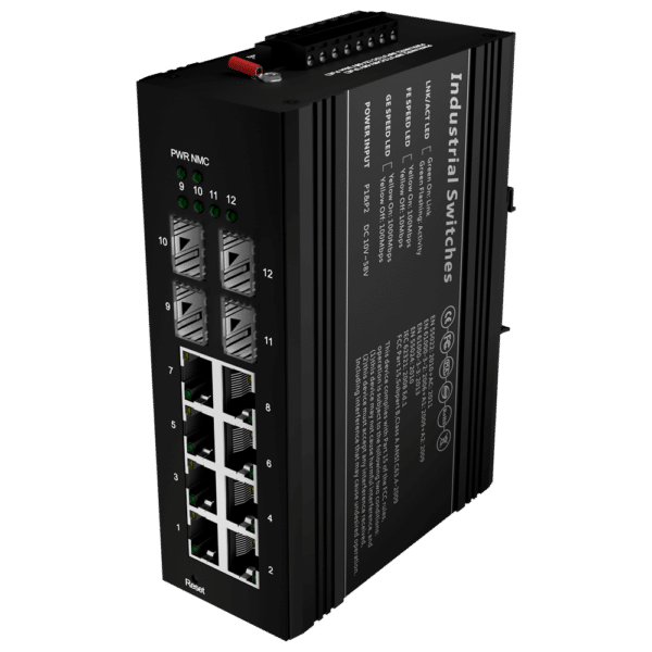 Switch PoE Marca Blanca - Montaje en carril DIN - 8 Puertos Gigabit + 4 SFP Gigabit - 90W puertos 1 y 2 / 30W puerto 3-8 / Máximo 240W - IEEE802.3af/at/bt | PoE/PoE+/Hi-PoE - VLAN/STP/RSTP/MSTP/ERPS/SNMP/ACL - Static LAG/IGMP Snooping/DHCP Snoop/802.1x