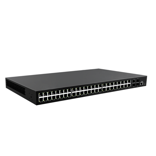 Switch PoE Gestionable - 48 puertos PoE + 4 Gigabit SFP - Velocidad 10/100/1000 Mbps - 30 W por puerto 802.3af/at / Máximo 600W - VLAN/Port Isolation/STP/RSTP/MSTP/ACL/QoS/802.1X - Static LAG/DHCP Snoop/IGMP Snoop/Port Mirror